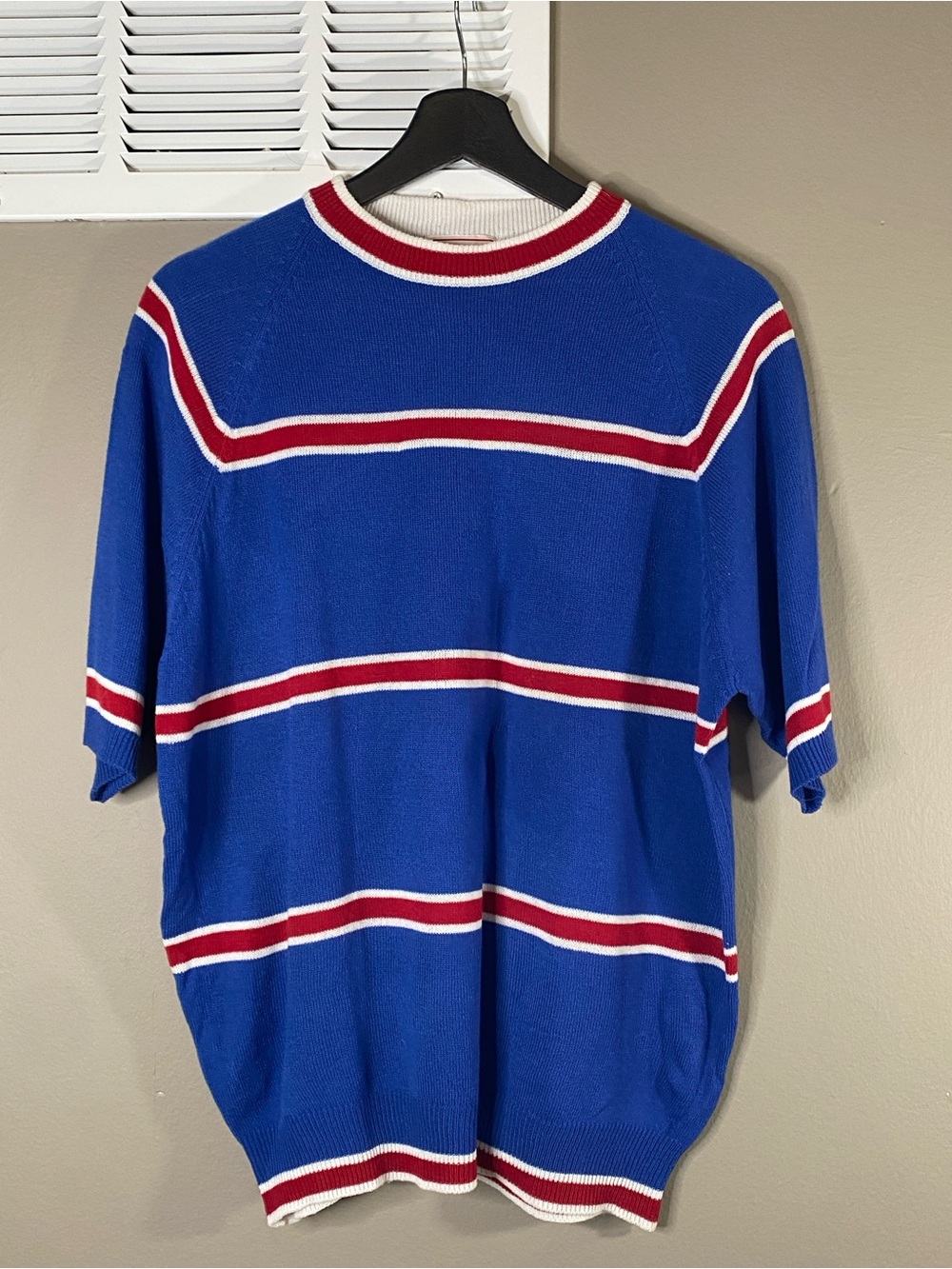 Vintage Blue Short-Sleeve Knit Pullover with Red and White Stripes